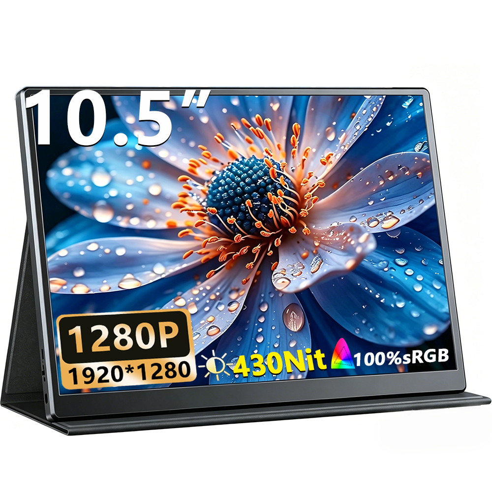 Small Portable Monitor 10.5" 430 Nits 15:10 1280P IPS Screen, Ultra-Slim Travel Monitors for Laptop PCs With Smart Cover
