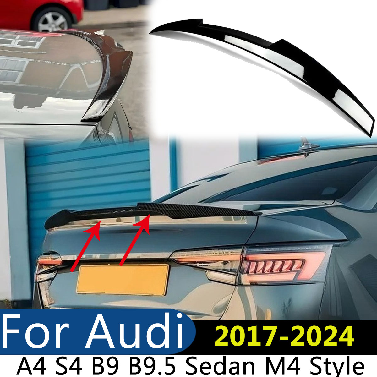 アウディ A4 S4 B9 B9.5 セダン 2017-2024 M4 スタイル車のリアトランクスポイラーウイングリップキャップブーツボディキット修正外装チューニング