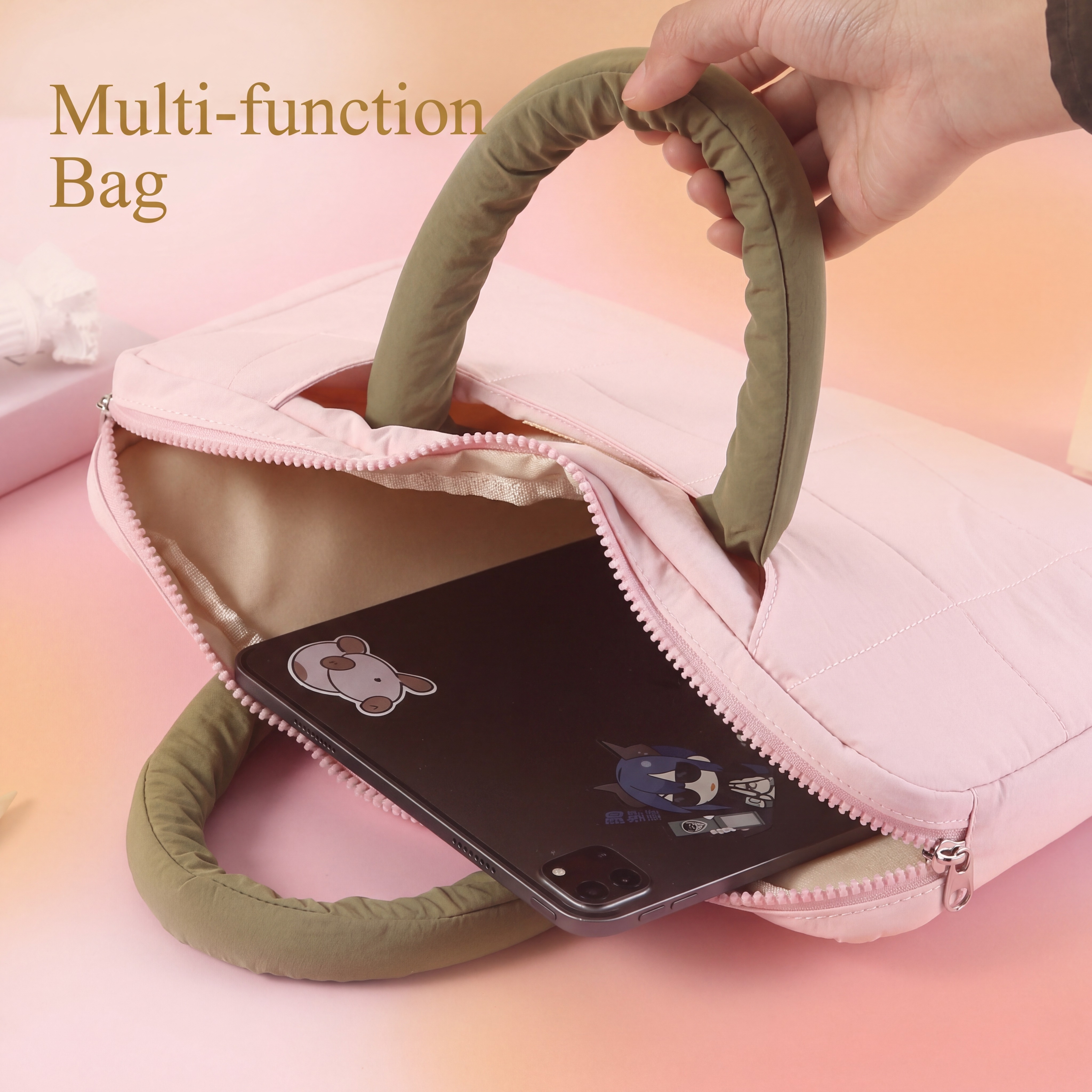かわいいふわふわラップトップトートバッグ、キルティングパッド入り13/14/15.6インチスリーブ、ソフトハンドル付き、耐衝撃タフタ生地コンピューターバッグ、W用