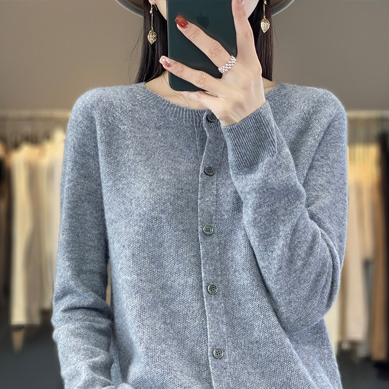 100% ピュアウールカーディガン春と秋の新カシミヤセーター女性の O ネックカーディガン暖かいニットボトリングシャツ