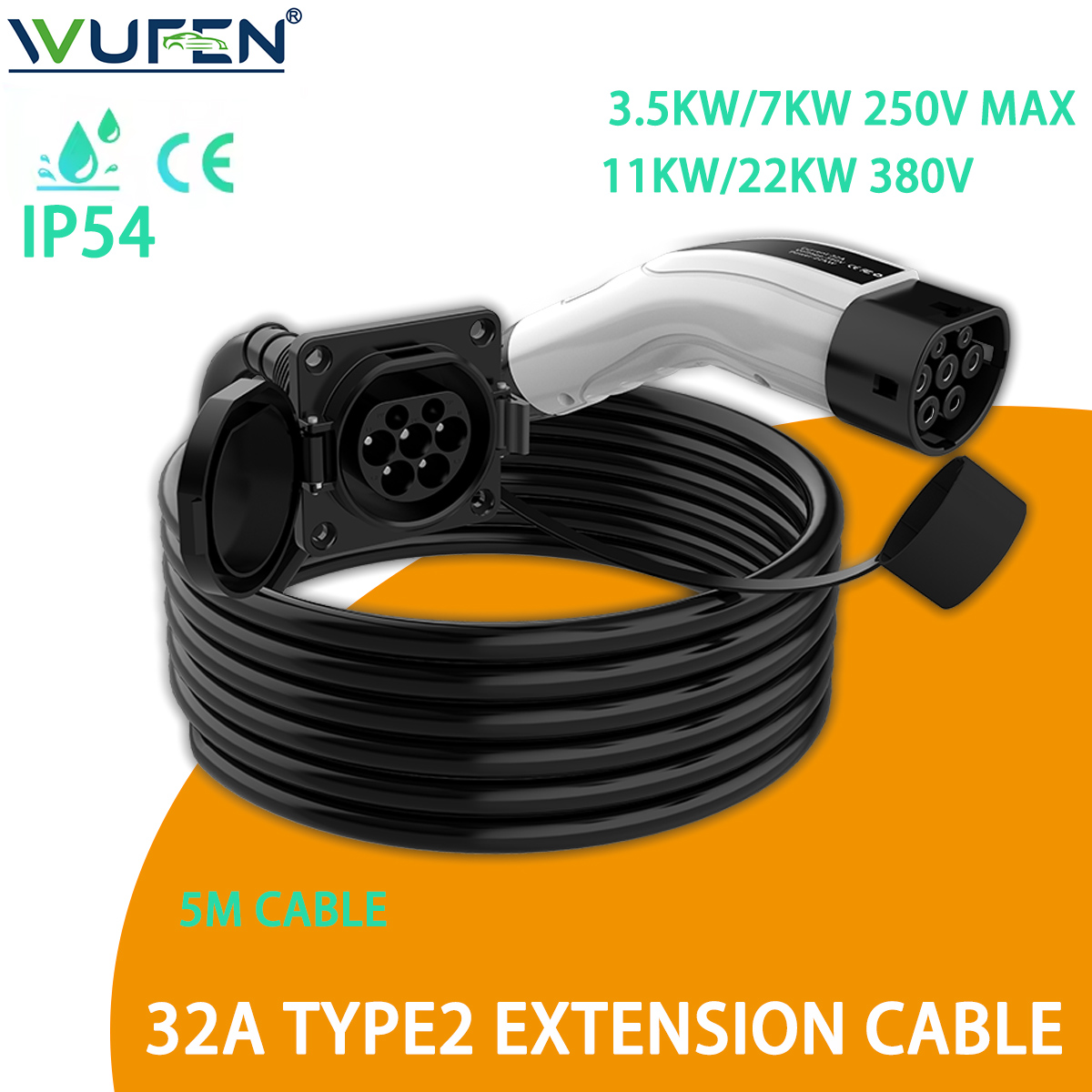 WUFEN タイプ 2 延長ケーブル 3.5KW 7KW 11kW 22kW ポータブル充電器ウォールボックス充電ステーション充電器用 タイプ 2 充電プラグ付き