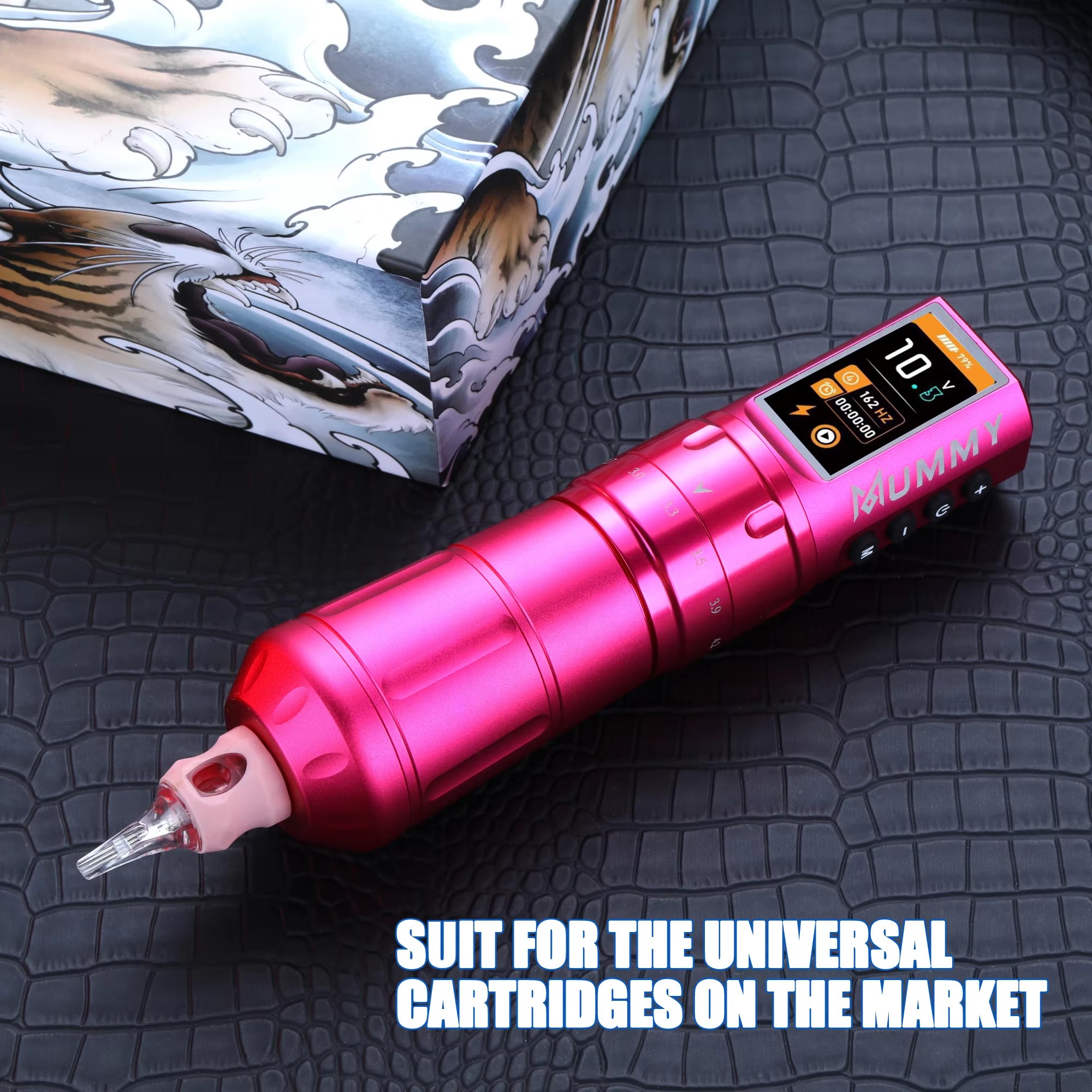 Mummy Scepter Wireless Tattoo Machine Color Screen Display Tattoo Pen Replaceable Battery Body Art 2.4-4.2mm 7 Stroke (Pink)