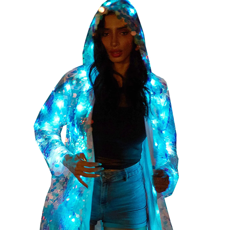 LED スパンコール衣装長袖フラッシュ服女性パーソナリティフード付きファッションパーティーフェスティバルパフォーマンスライト男性衣装