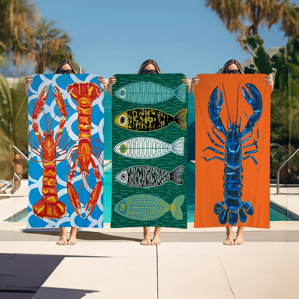 カラフルなイワシ ロブスター 魚 海洋動物 マイクロファイバー プリント ビーチ タオル 登山 ヨガ 吸収性 ソフト タオル