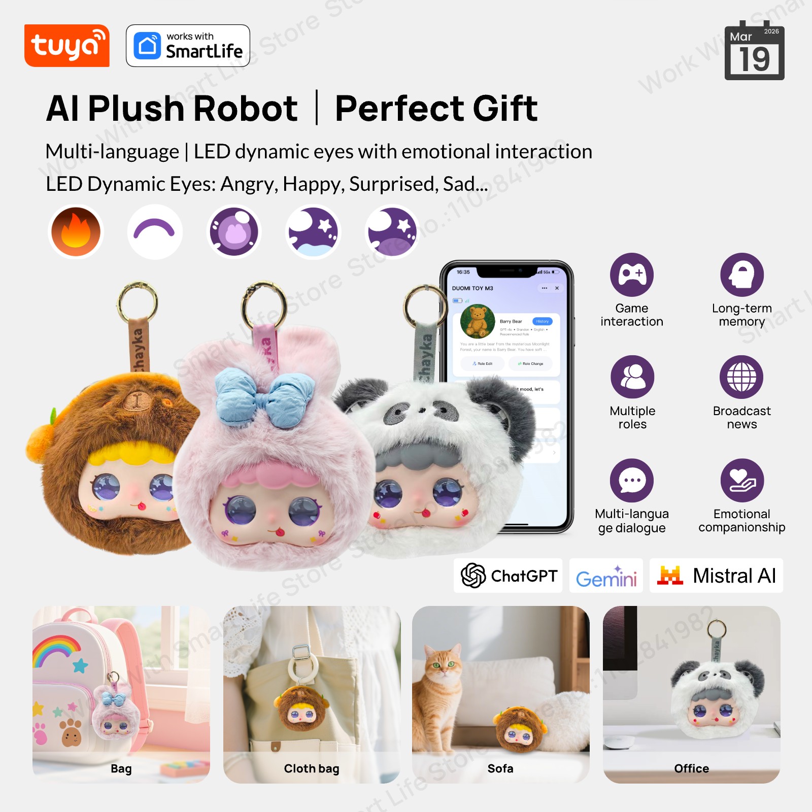 Tuya スマート AI ぬいぐるみロボット (LED 目付き)