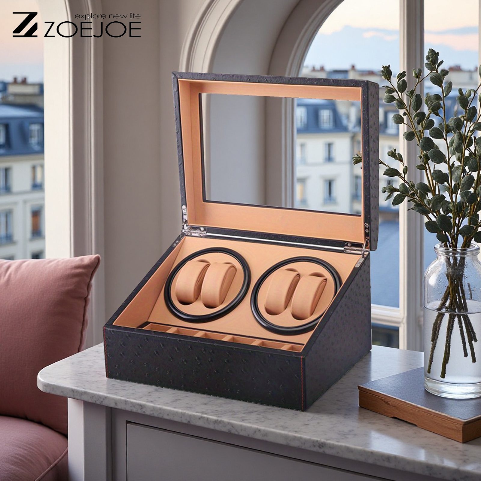 ZOEJOE 自動 4 6 スロットウォッチワインダー静音モーター低ノイズ時計収納ボックス米国プラグ付きクリアカバー付き友人へのギフト