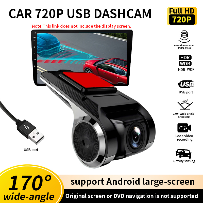 HD720P 車載ダッシュカメラ USB ADAS USB ポート 170°広角、G センサー、ループビデオ録画、WDR、Android 大画面、ユニバーサル C
