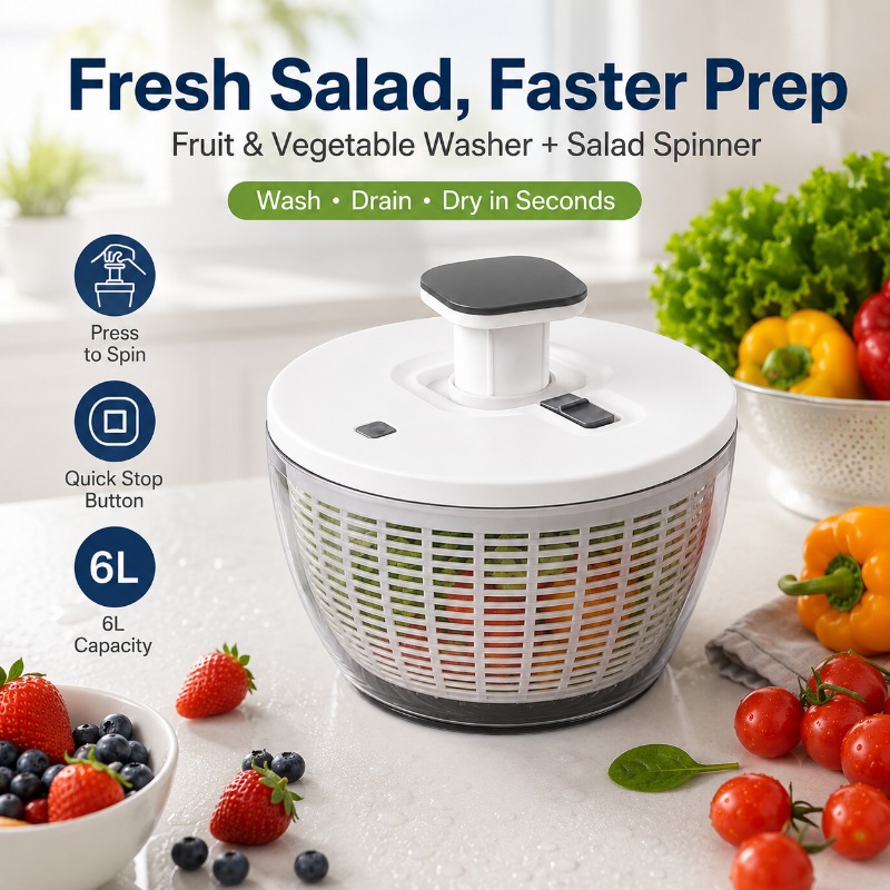 手動レタス乾燥機サラダスピナー6L果物野菜洗濯ボウル、プレスハンドル、排水バスケット、滑り止めリング付き