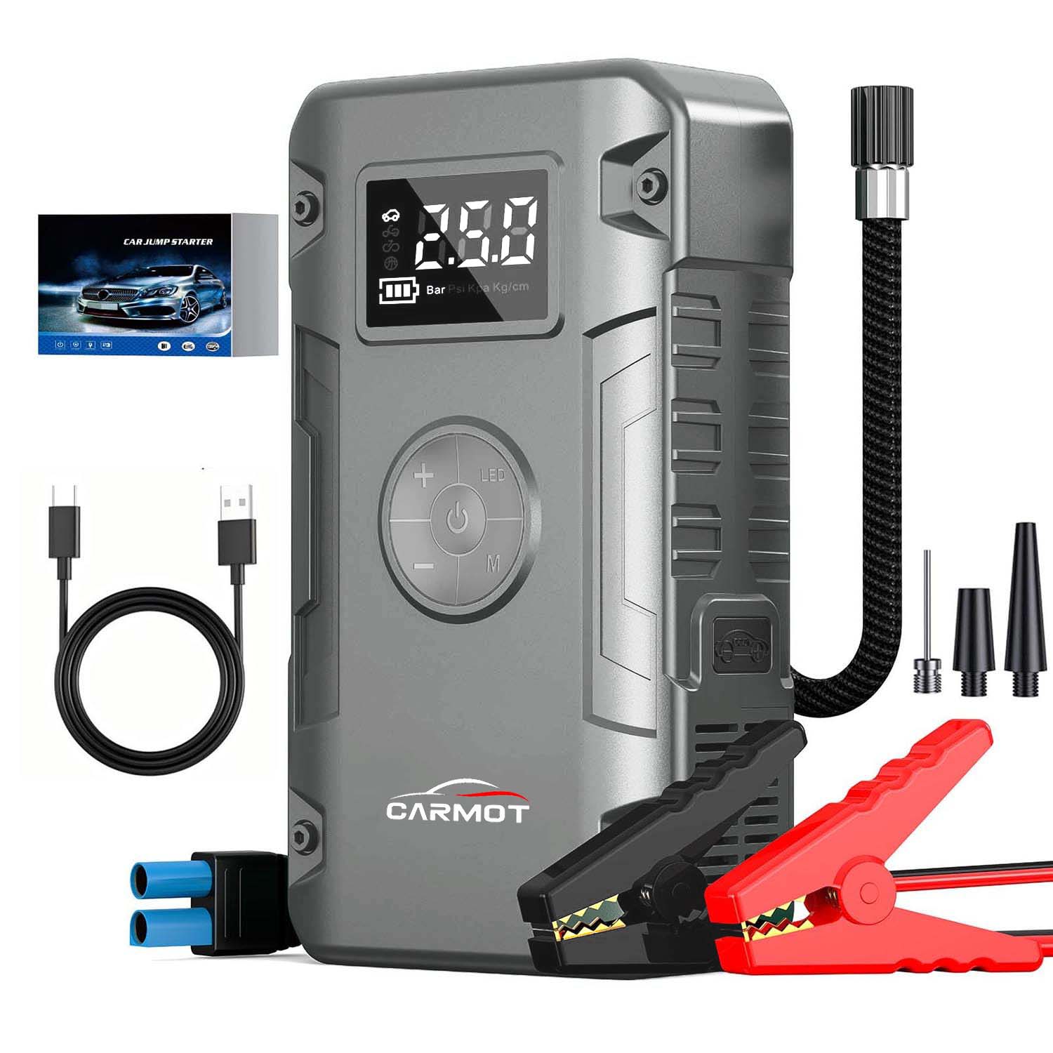 5-IN-1 ジャンプスターター 7000A、12V カーバッテリー ジャンプスターター エアコンプレッサー付き (最大全ガスまたは 10.0L ディーゼルエンジン)