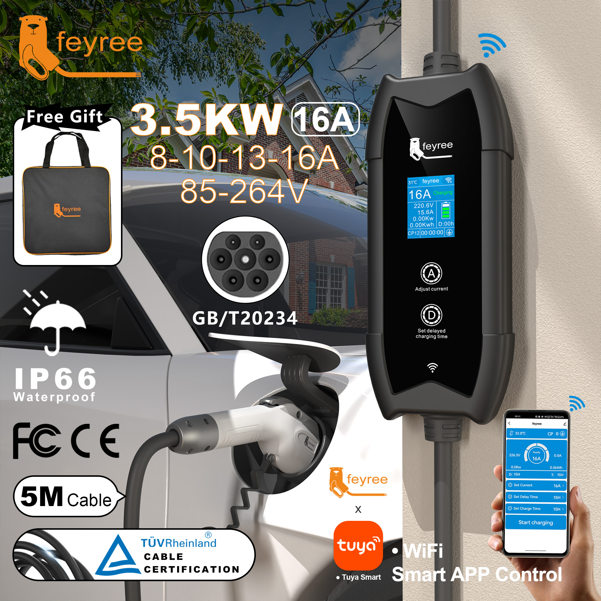 Feyree GB/T ポータブル EV 充電器 5 メートルケーブル WIFI APP 制御付き 16A 3.5KW セット充電