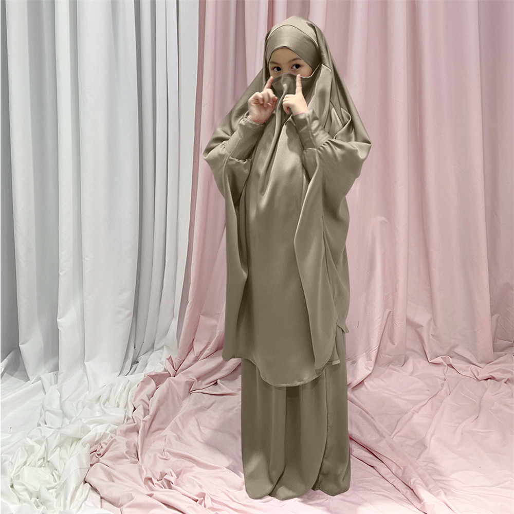 2PCS Muslim Kids Girls Prayer Garment Overhead Khimar Caftan Eid Hooded Hijab Abaya Scarf Dress Islam Clothing Eid Ramadan Robe