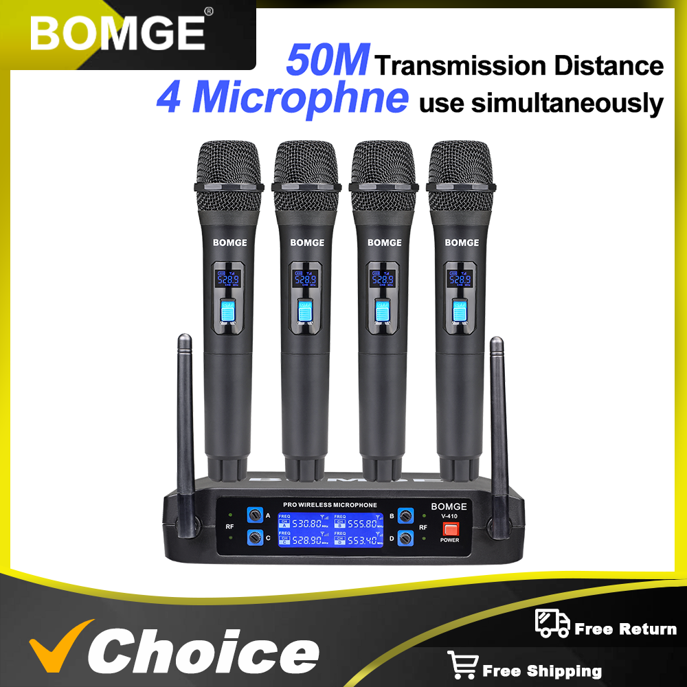 BOMGE 4 チャンネルワイヤレスマイクシステムコードレスマイクセット 4 ハンドヘルドマイク固定周波数、長距離 200 フィート