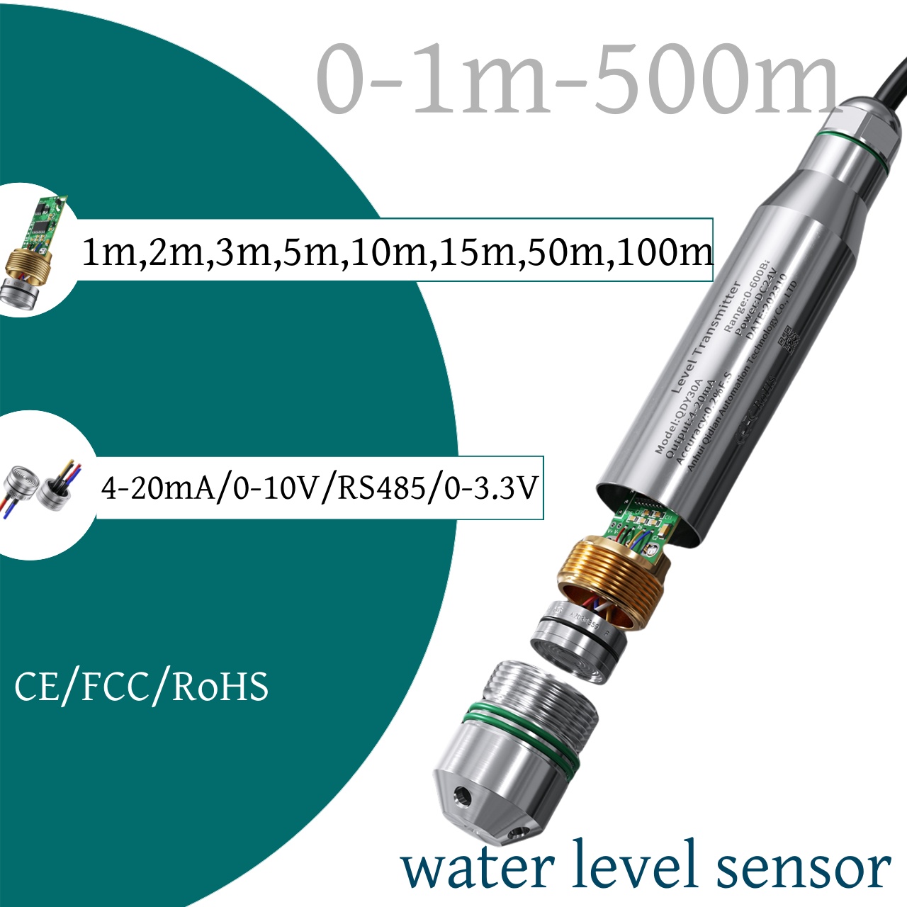 1 メートル 2 メートル 3 メートル 5 メートル 10 メートル 50 メートル水位トランスミッタ 4-20mA 0-10V 燃料軽油 0-3.3V 出力静水圧液体レベルセンサー ss304 プローブ