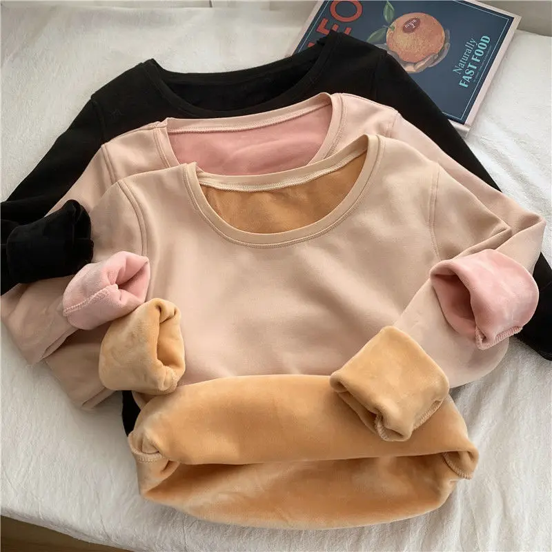 女性秋冬ボトリングシャツ定温プラスベルベット長袖 Tシャツプラスベルベット加熱サーマルトップ