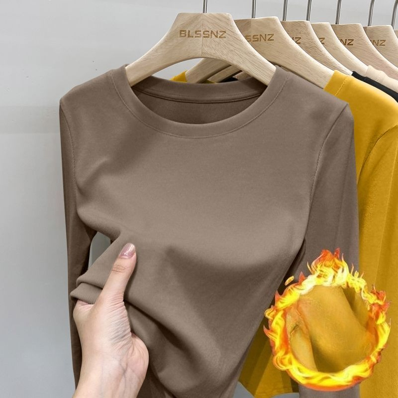 女性の秋暖かいスレッドボトムシャツ冬無地ラウンドネック長袖 Tシャツトップセーター暖かい下着プルオーバー