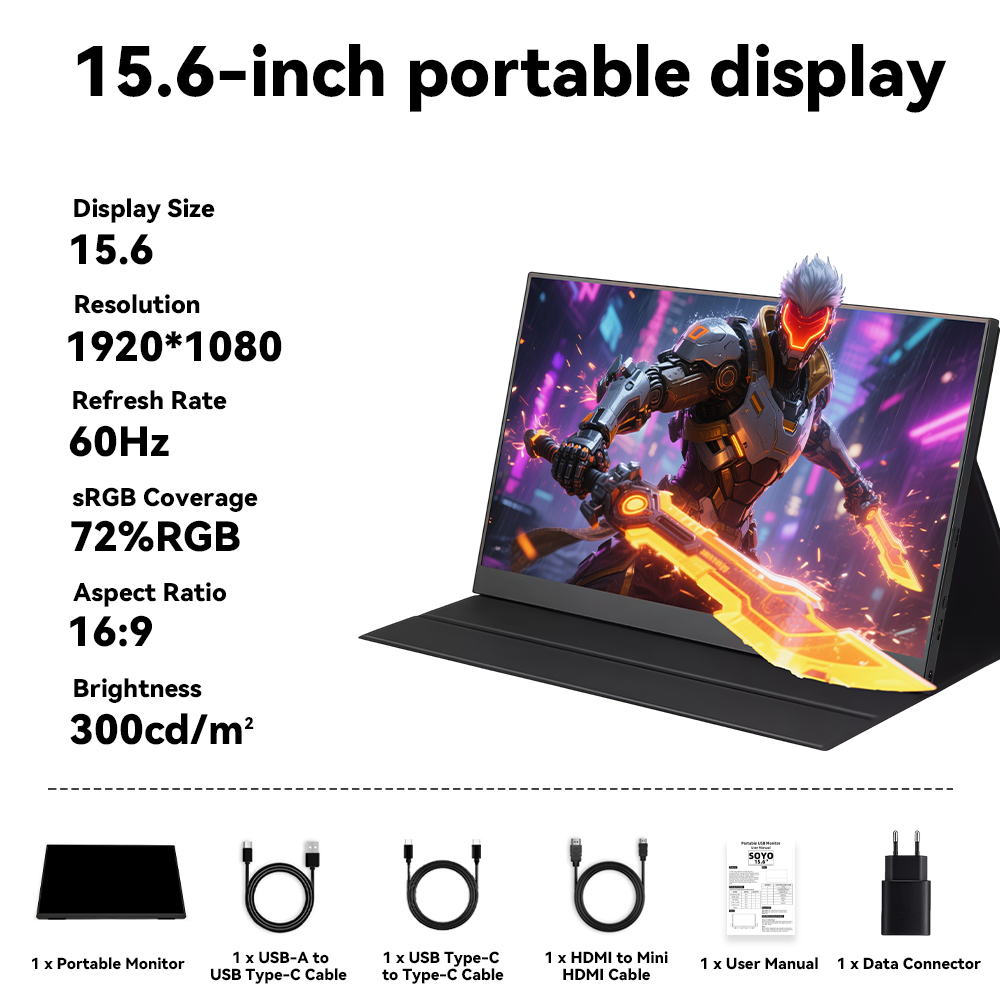 SOYO 15.6 インチ ポータブル モニター 1920x1080 IPS 60Hz HDR Type-C*2 ミニ HDMI 電話 PC Mac Mini Mac Book ラップトップおよびその他のデバイス