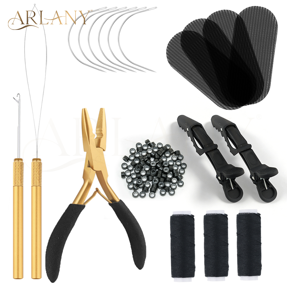 ARLANY Microlinks ヘアエクステンションプライヤーキットヘアループビーズデバイスツール 500 個シリコーンマイクロビーズ綿ミシン糸