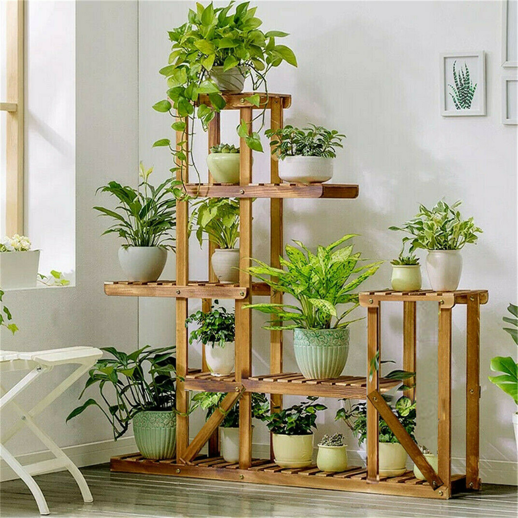 6 段木製植物フラワースタンド棚プランターポット棚ラックホルダーディスプレイ複数の植物屋内屋外ガーデンパティオ