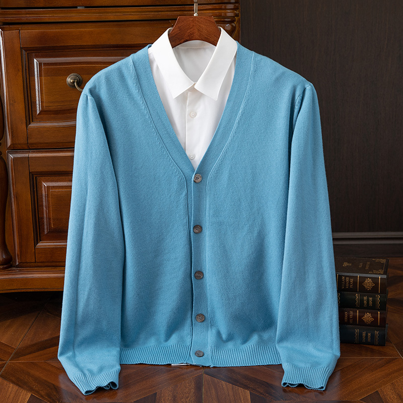 秋冬 V ネックメリノウールカーディガンメンズカシミヤニットセーターボタントップカジュアルベーシックビジネス服トップス