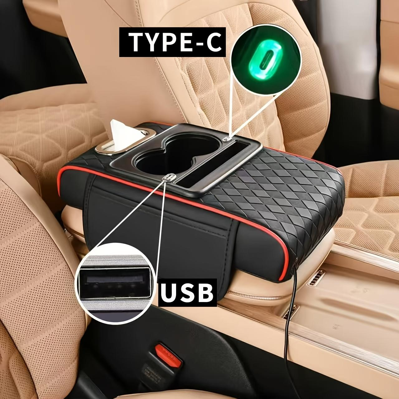 USB Type-Cインターフェース付き車用アームレストボックス1個、マルチカラー、ユニバーサル、オールインワン、ティッシュパック付き