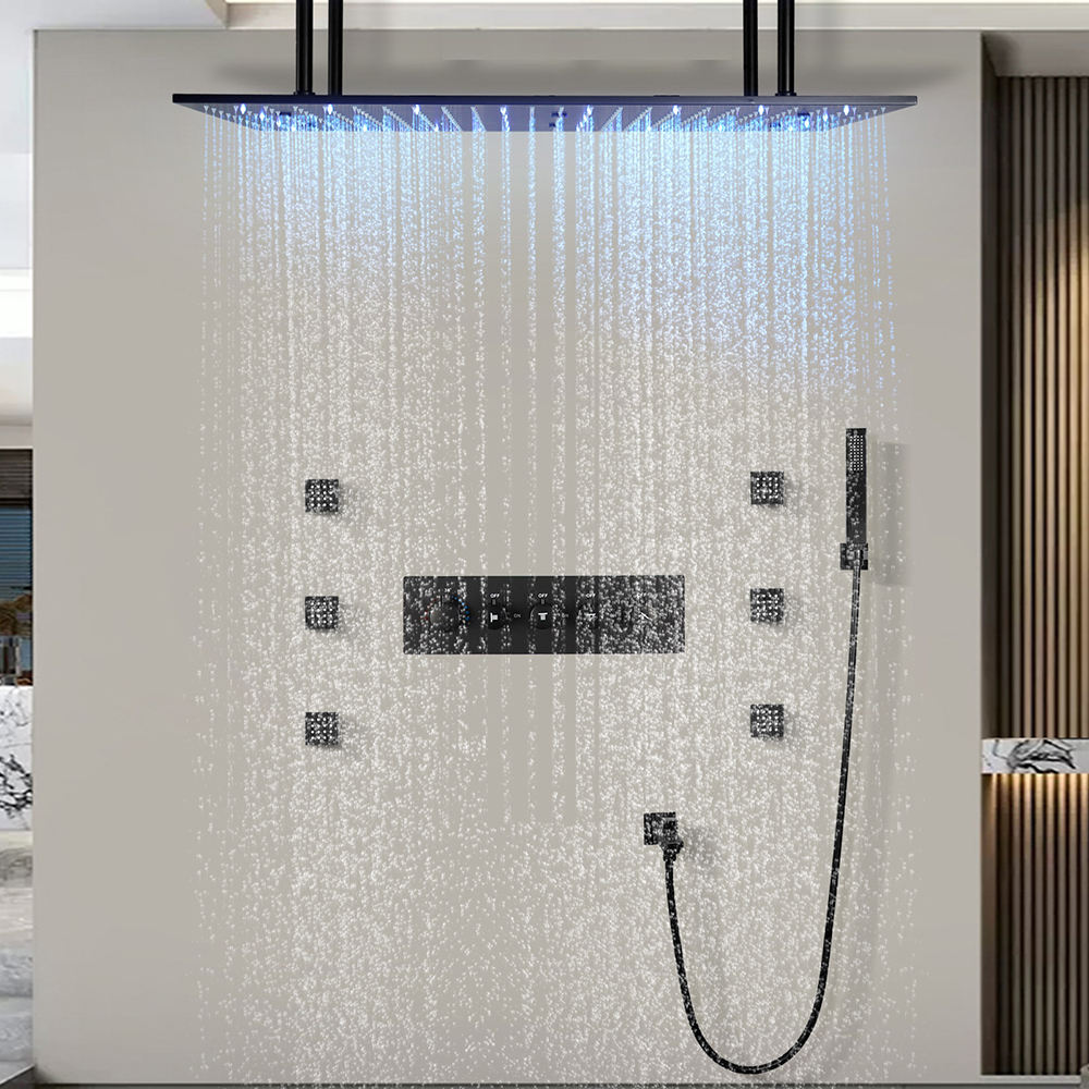 800*400 ミリメートルサーモスタットシャワーセットマットブラック 4 機能シャワーシステム LED 色が変わるシャワー蛇口マッサージボディジェット真鍮
