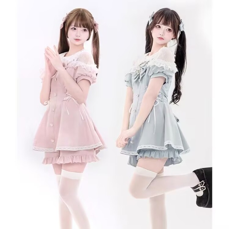 夏甘い弓ドレスショーツセット女性かわいいレースパフ半袖シャツ Y2k ドレス女性ゴシックロリータ Estival 衣装