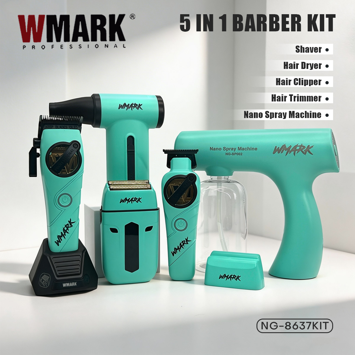 WMARK ヘアトリマー 5 in 1 理髪キットプロフェッショナルシェーバーヘアドライヤーとスプレーボトル調節可能なヘアトリマー男性用 NG-8637 キット