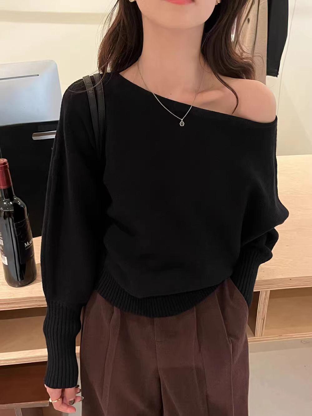 バットウィング長袖ニットプルオーバー女性 300 グラム厚いオフショルダートップ韓国のファッションセーターゆるいカジュアルな秋生き抜くプル