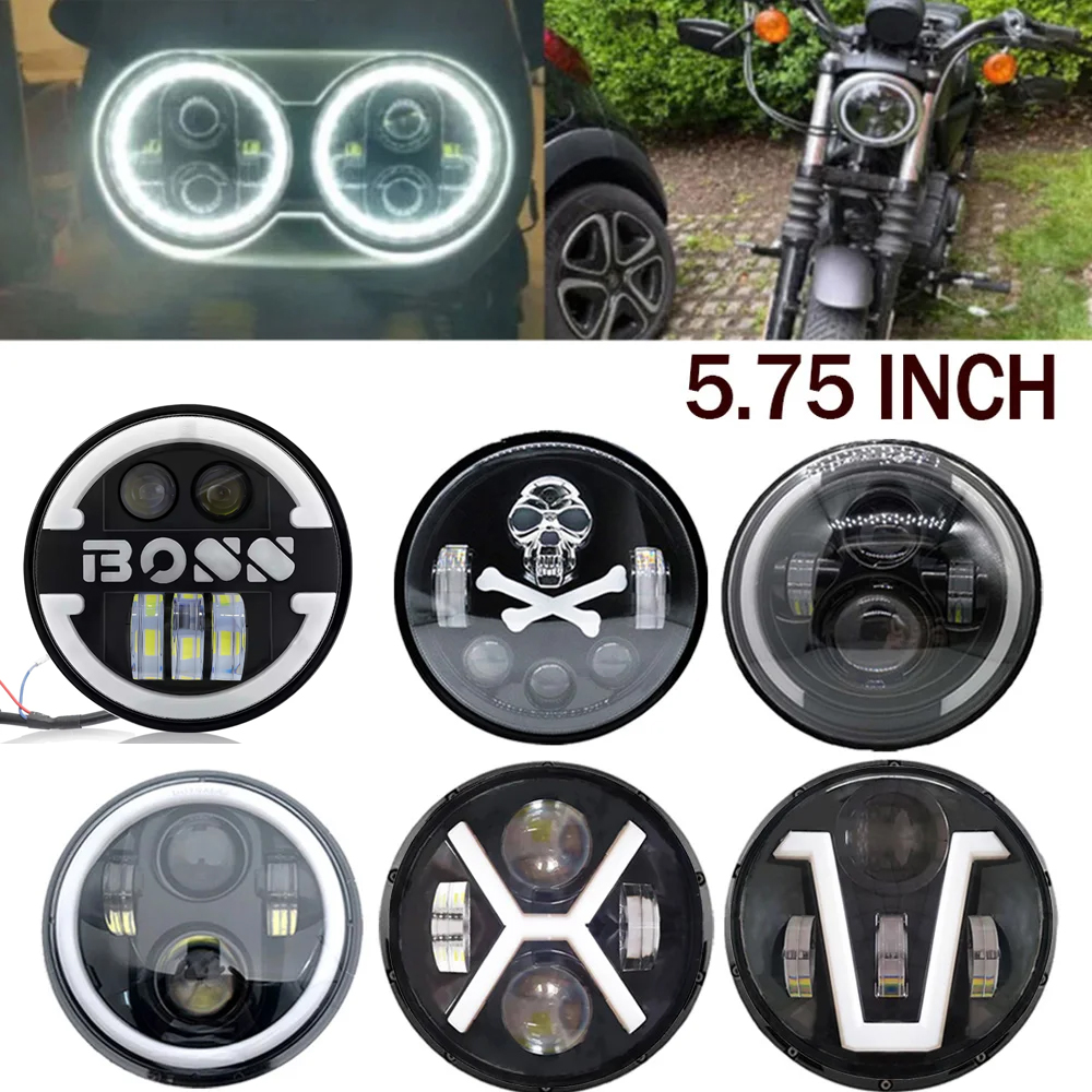 5.75 インチオートバイ LED ヘッドライトハイ/ロービームターンシグナルスカルパターン LED ヘッドライト DRL アングルアイライトモトヘッドランプ