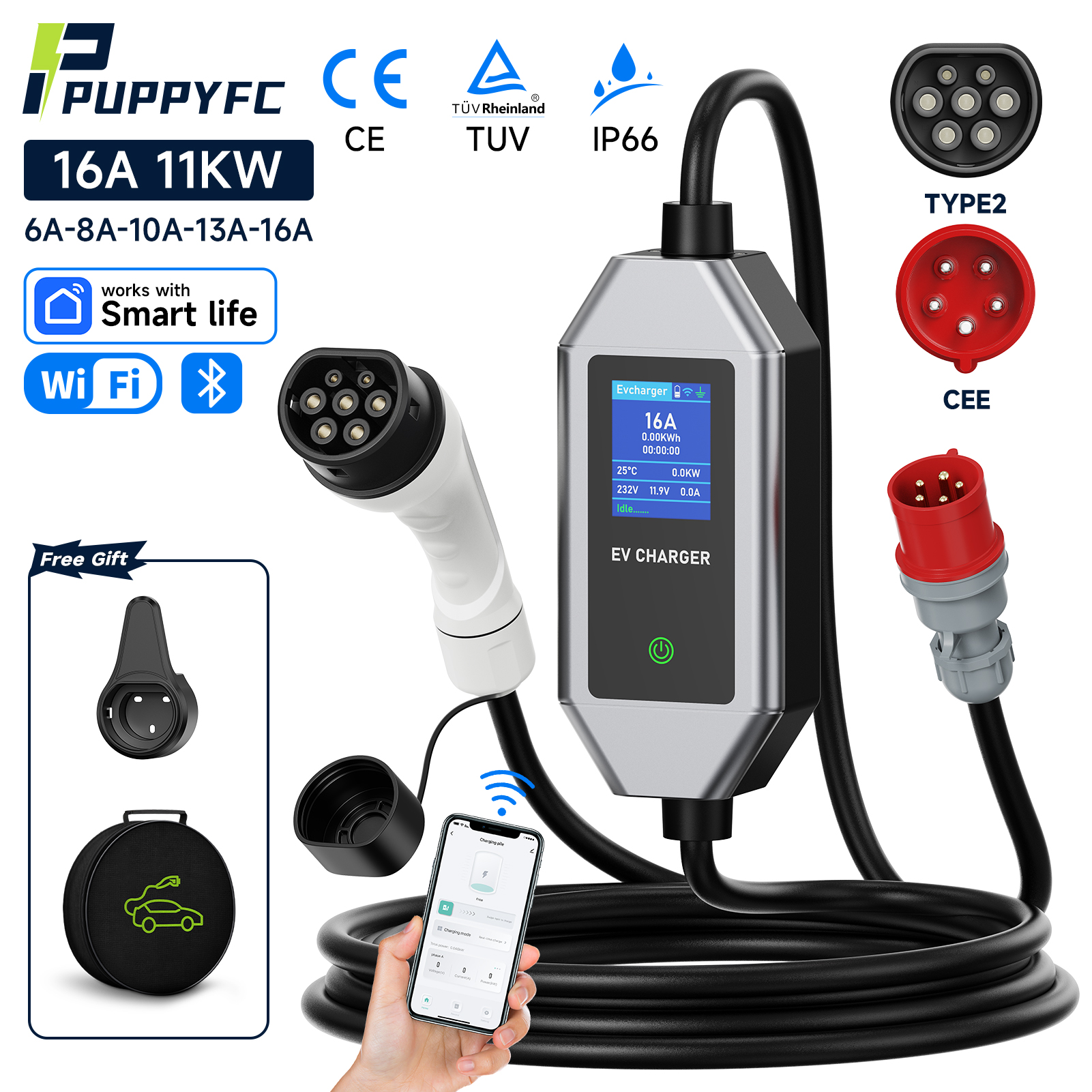 Puppyfc 16A 11KW ポータブル EV 充電器 Type2/GBT Mennekes EVSE 充電ステーション電気自動車 PHEV 車用 CEE プラグ付き
