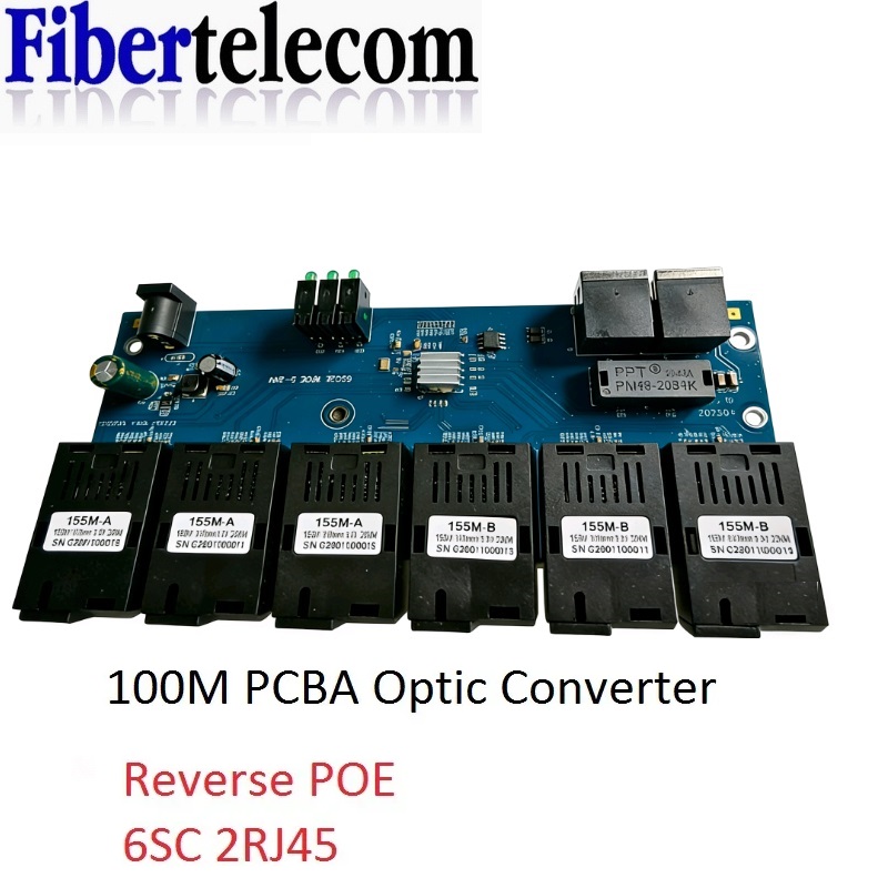 リバース POE スイッチ 100M PCBA ボード光ファイバメディアコンバータ 2 RJ45 から 6 SC 光コネクタ 3A 3B ポート 20KM イーサネット