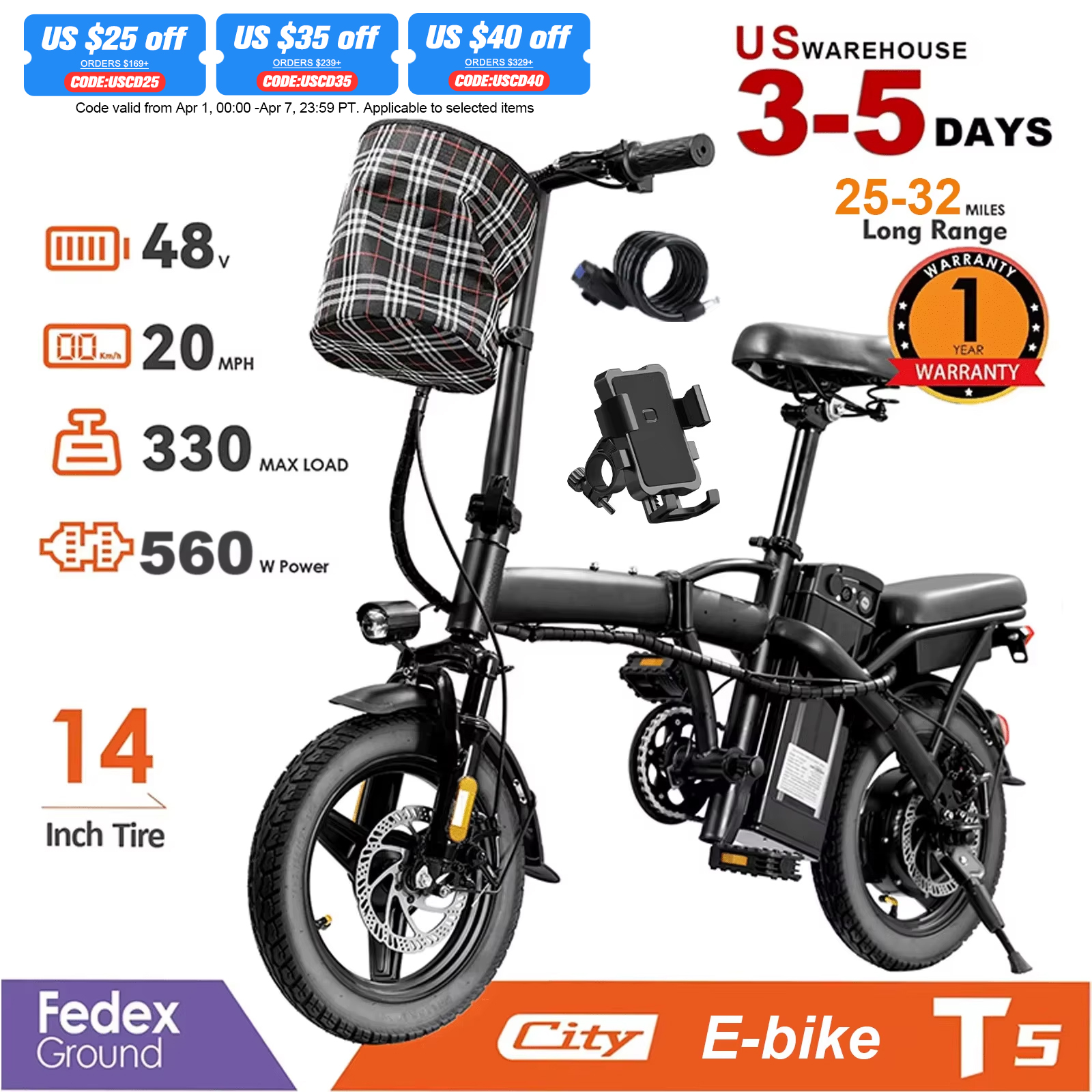 大人用電動自転車、時速20マイル、560Wモーター、48V取り外し可能バッテリー、14インチ折りたたみ電動自転車、最大32マイル、1年保証電動自転車