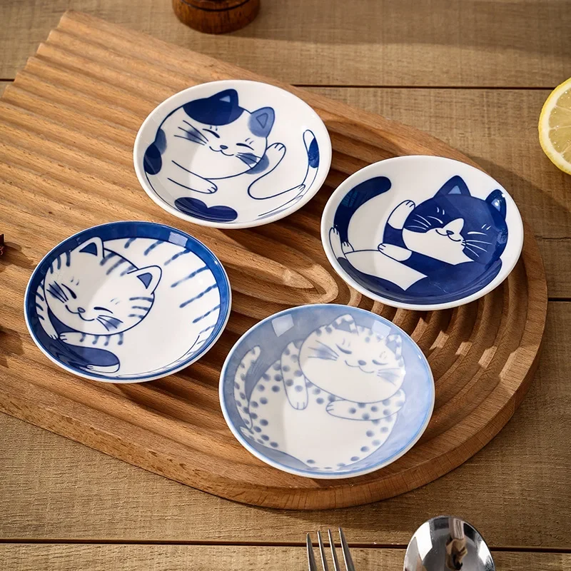 4 個セラミックソース皿寿司プレート食器和風デザートクリエイティブかわいい漫画招き猫パターンスパイスプレート