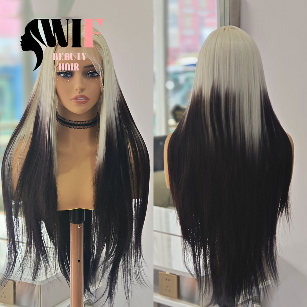 WIF プラチナブラックオンブルストレートヘア合成かつらグラデーションブラックストレート熱繊維レースフロントウィッグ女性のためのコスプレ髪