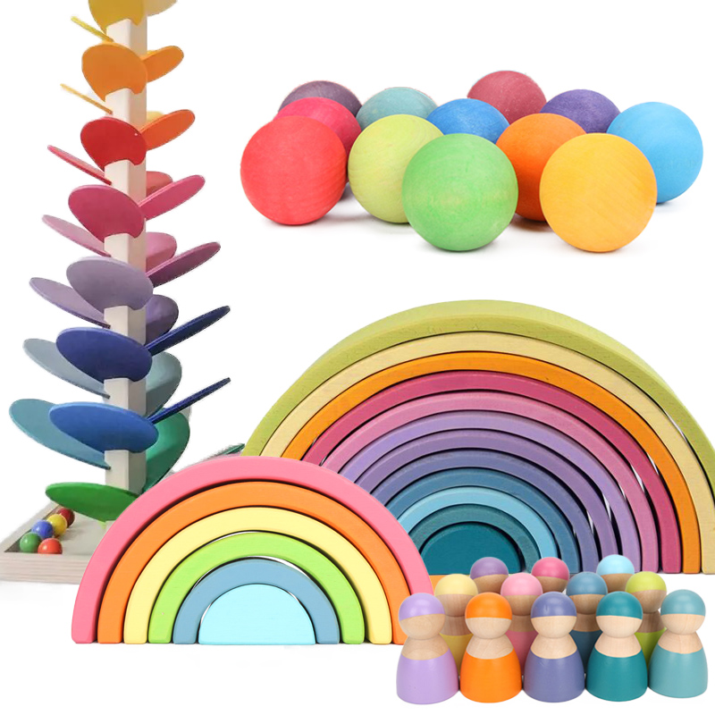 Big Size Macaron Series Rainbow Stacker Nesting Puzzle Toys Friends Peg Dolls Wooden Puzzle Blocks Montessori Educational Toy