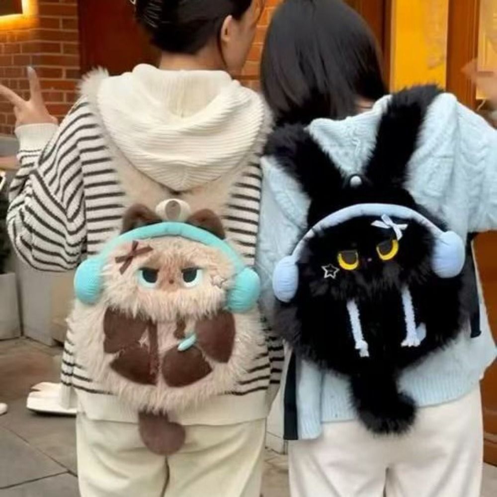 かわいいシャム猫ぬいぐるみバックパックヘッドフォンかわいいシミュレーション動物ショルダーバッグリアルな外観ふわふわ学生スクールバッグ旅行
