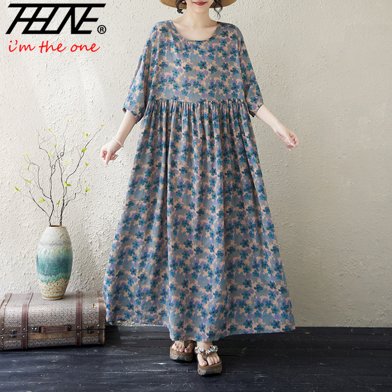 THHONE サマードレス女性のための花カジュアルコットンリネンルーズ Vestidos ローブ特大ヴィンテージボヘミアンプリントマキシロングドレス