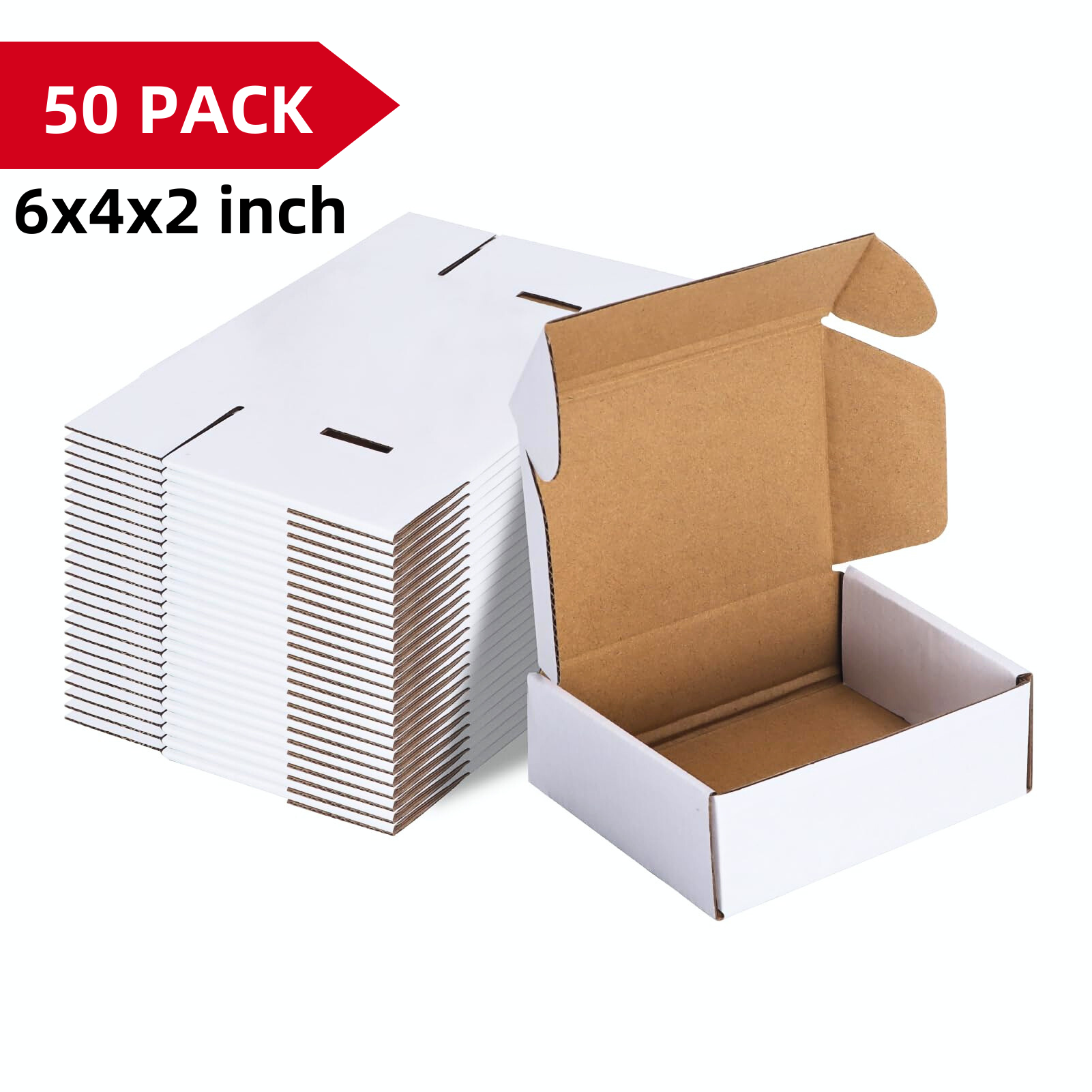 50個の段ボール紙ギフトボックス、6x4x2インチの丈夫な段ボール包装、クラフトギフト郵送用の白い小さな配送ボックス