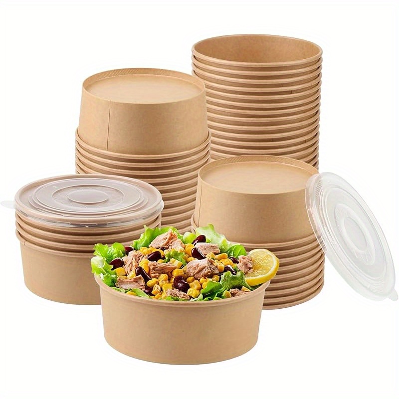 37オンス 蓋付き大型クラフト紙ボウル、蓋付き使い捨てボウル、温かい/冷たい食品、スープ、サラ用の紙製食品容器 10セット