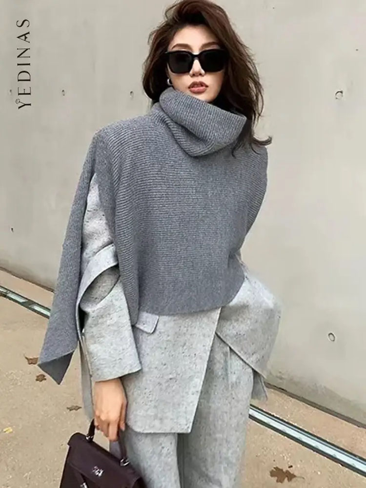 Yedinas 暖かいプルオーバータートルネック秋冬ポンチョとケープ女性のコート韓国のファッション不規則なクロップトップニットトップス