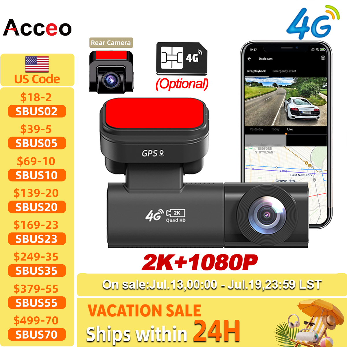Acceo 4G LTE 車用ダッシュカム GPS 追跡 2K 前後カメラ衝突警告およびライブビュー人体検出カーレコーダー付き
