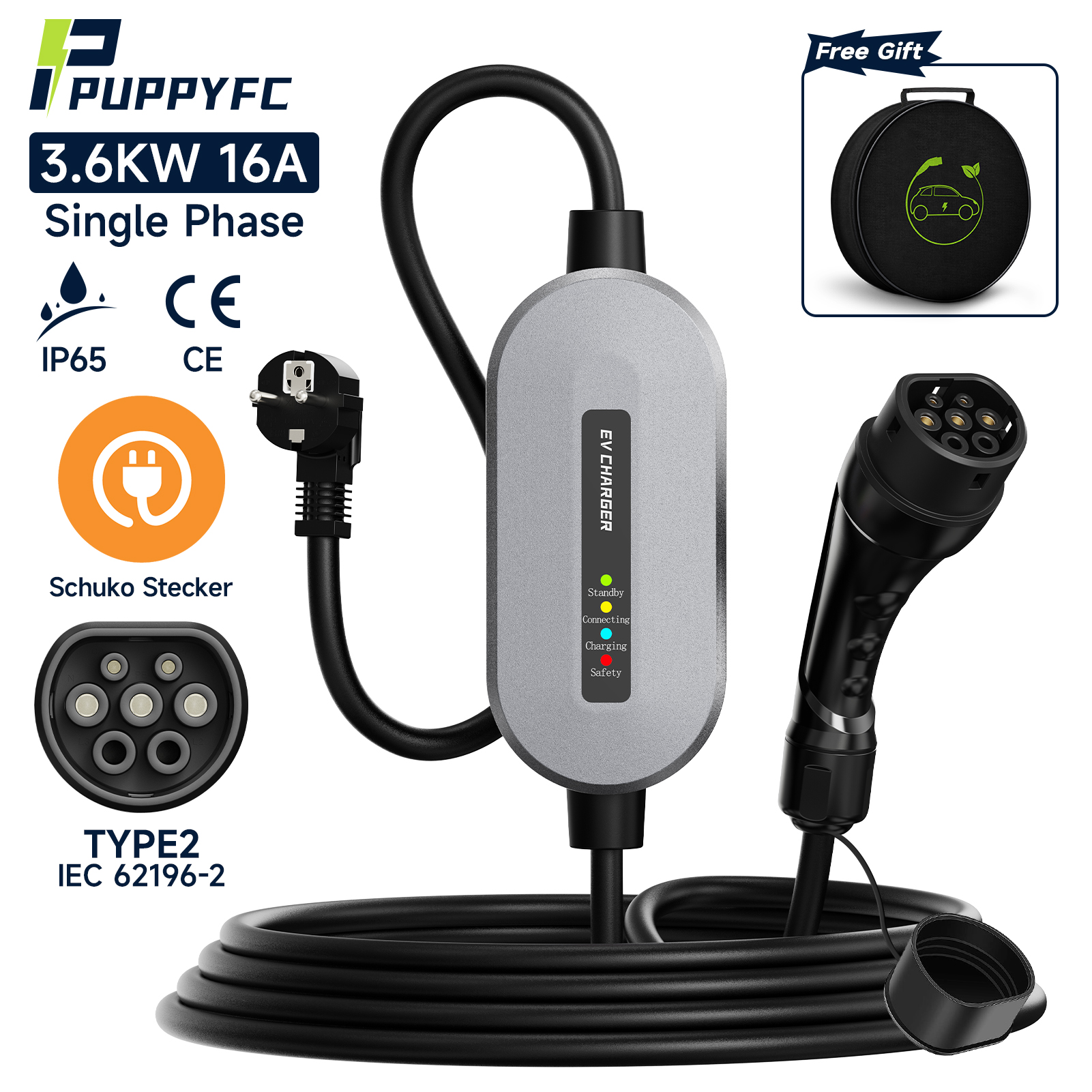 Puppyfc EV 充電器 Type2 IEC62196-2 3.6KW 16A ポータブル充電ボックスセット Type1/GBT プラグアンドプレイ電気自動車車の充電器