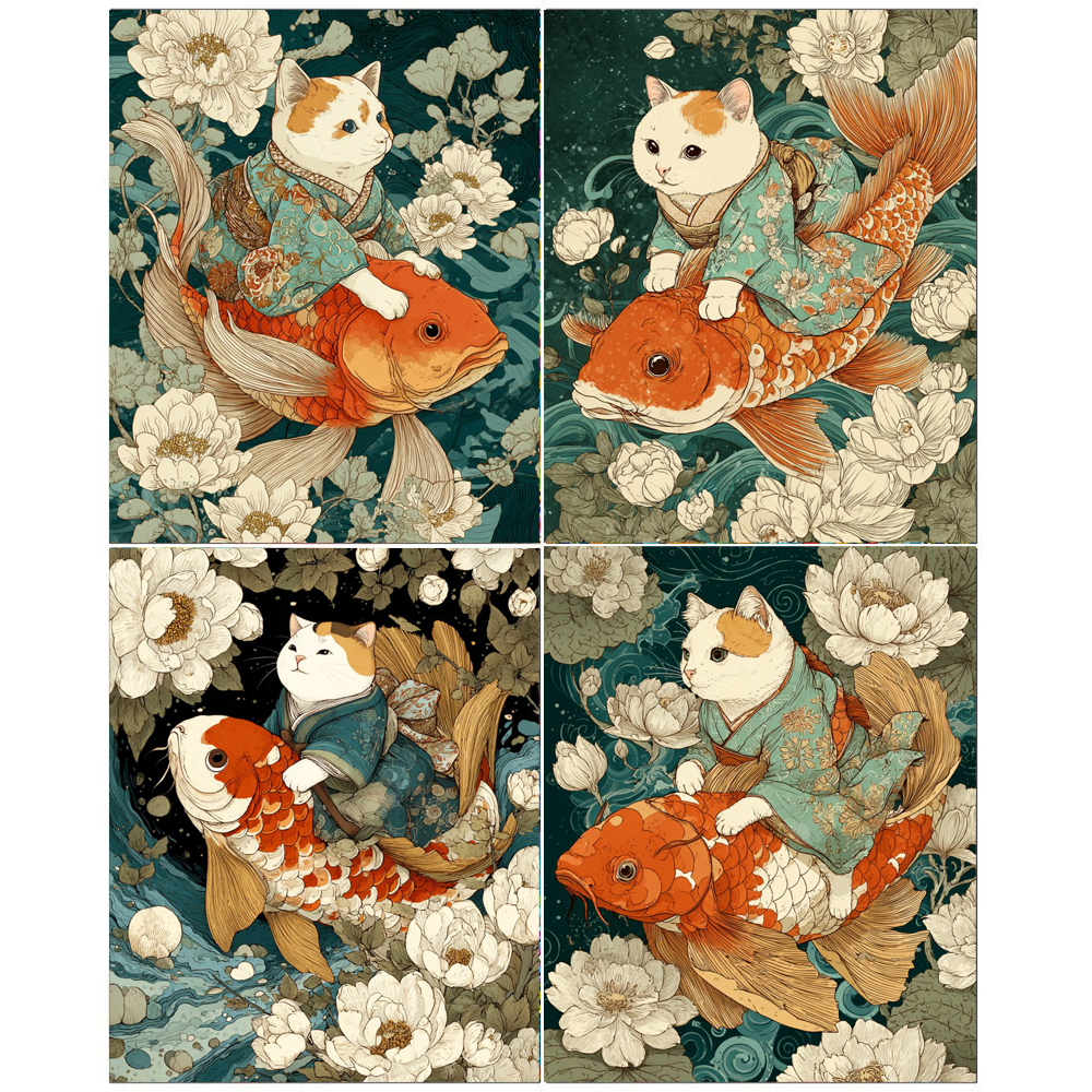 ハンドペイント 鯉に乗った猫 数字による絵画キット DIY アクリルアートワーク キャンバスアート ギフト ホーム