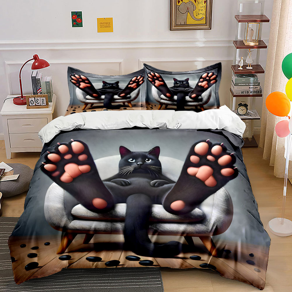 かわいい怠惰な黒猫大きなピンクの足寝具セット 3 ピース、漫画キティ ソファでリラックス プリント 掛け布団カバー 1 枚と枕カバー 2 枚、ギフト