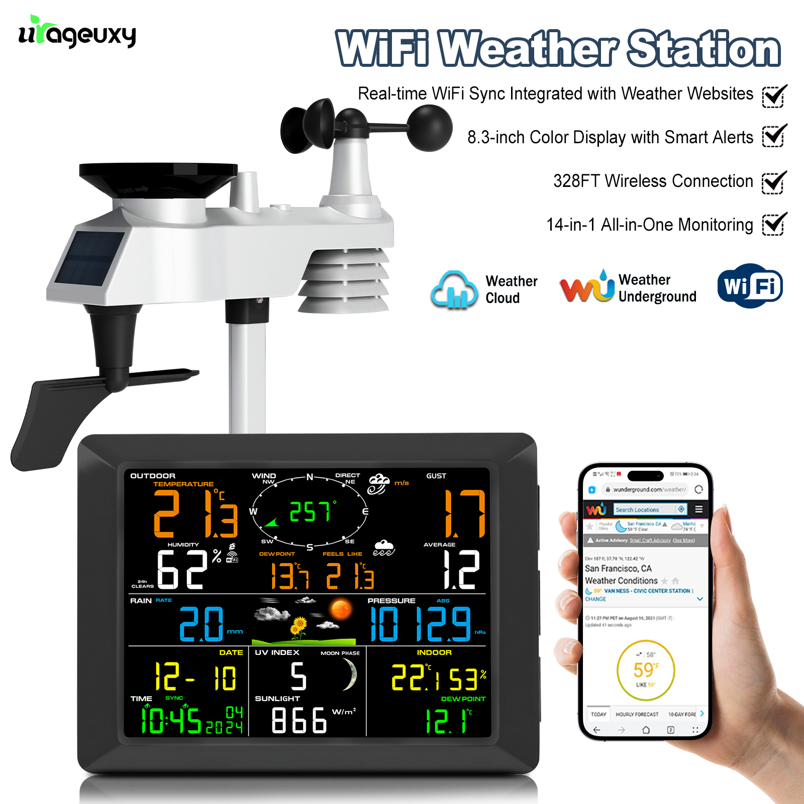WiFi気象ステーション 14-in-1 ワイヤレスカラーディスプレイ搭載 天気地下と進行同期 100m範囲 スマートホームセンサー