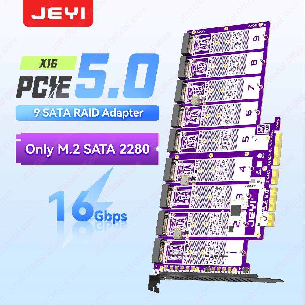 JEYI 9ベイ PCIe 5.0 - X16 M.2 SATAアダプター 16Gbps対応 2280 NGFF SATA SSD対応 PCIe X4/X8/X16対応 RAID 0/1/5対応