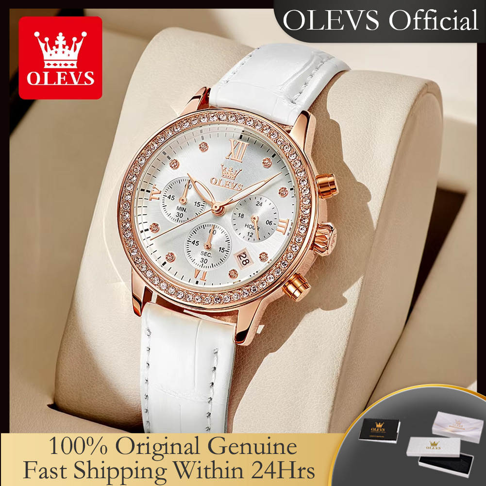 OLEVS 9933 オリジナル高級クォーツ時計女性のファッションエレガントなレザーストラップ防水クロノグラフブランドの女性の腕時計