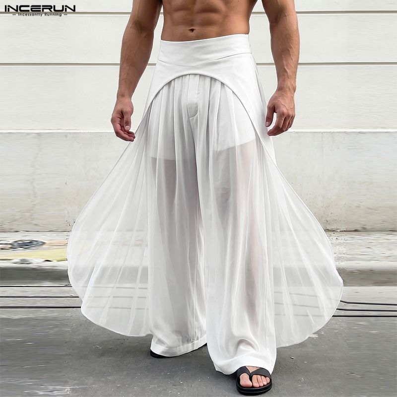 INCERUN メンズパンツメッシュパッチワークジョガールーズ弾性ウエストワイドレッグパンツ男性ストリートオーバーサイズ不規則なパンツ