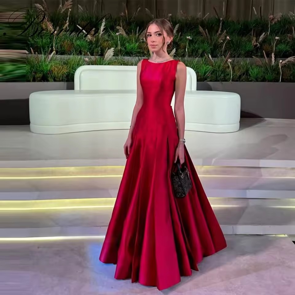 シンプルな A ラインサテンレッドイブニングドレスカスタマイズされたアラビア女性スクープネックロングパーティーフォーマルガウンヴィンテージウエディングドレスカスタマイズ