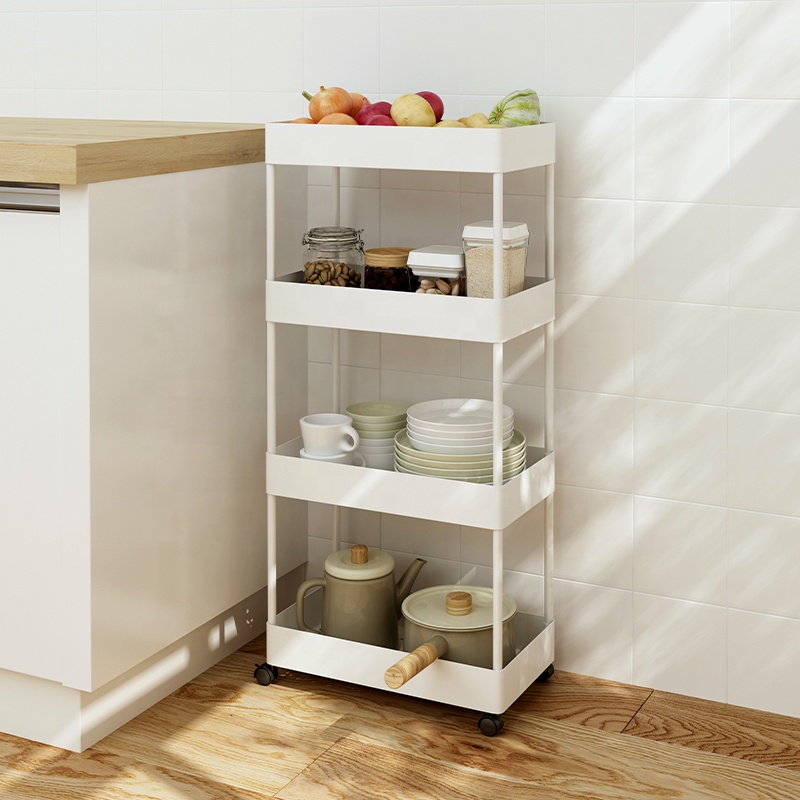Narrow 4 Tier Flooring Standing Holders Mobile Island Storage Cart Kitchen Trolley with Wheel